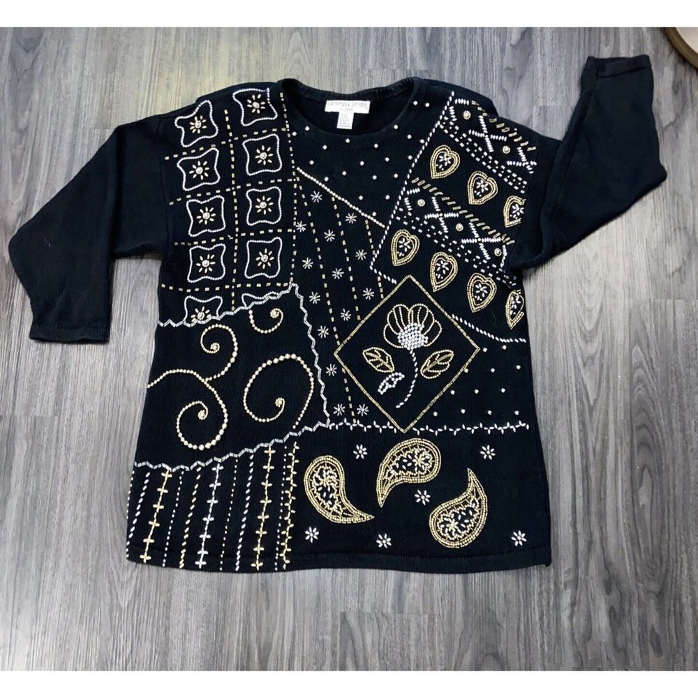 Victoria Jones Black Silver & Gold Beaded Sweater Size 2X Vintage